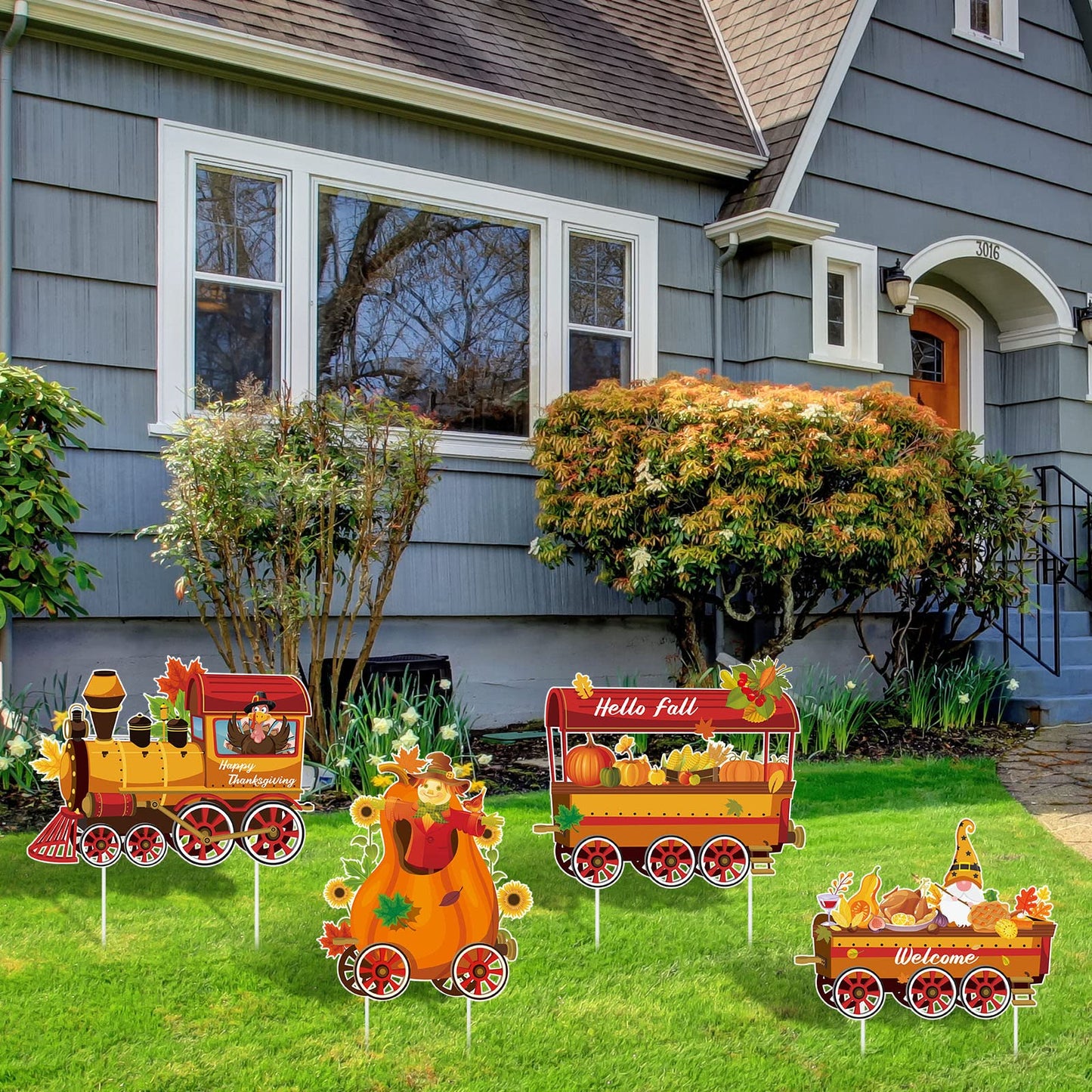 Weysat 4 Pcs Thanksgiving Yard Signs Train Outside Turkey Decoration Pumpkin Turkey Maple Gnome Thanksgiving Outside Decorations with 8 Pcs Plastic Stakes for Lawn Decor