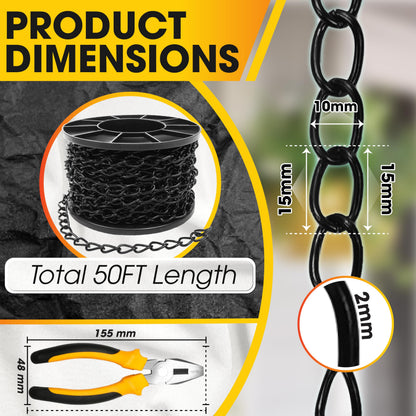 [Upgraded] 50FT Black Electroplated Steel Hanging Chain Roll, Pliers Included, 20LBS Load Capacity, Durable, Rust-Resistant, Adjustable Length for Hanging Bird Feeders, Planters, Lanterns, Billboards