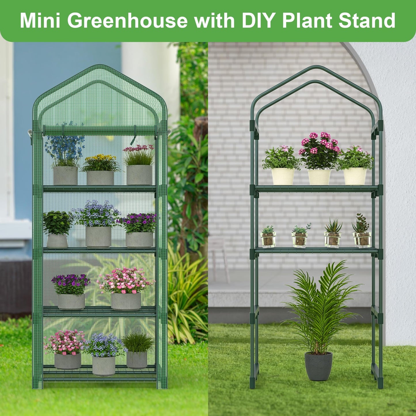 Kecreque Mini Greenhouse 4-Tier Small Greenhouses for Outdoor Indoor 27"x19"x63" Portable Greenhouse w/ Screen Windows & Waterproof PE Cover Green House for Backyard Balcony Seedling Raising