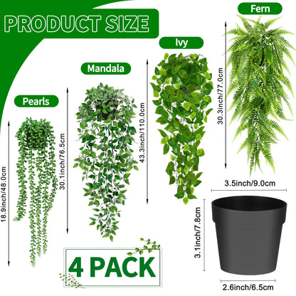Palonu Artificial Hanging Plants for Shelf, 4 Pack Fake Potted Greenery Plant Faux Mandala Vine, String of Pearls, Ivy Vine,Persian Grass Fern in Pot for Desk Home Bathroom Farmhouse Room Table Decor