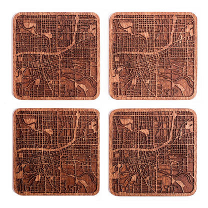 Des Moines, IA Map Coaster by O3 Design Studio, Set Of 4, Sapele Wooden Coaster With City Map, Handmade
