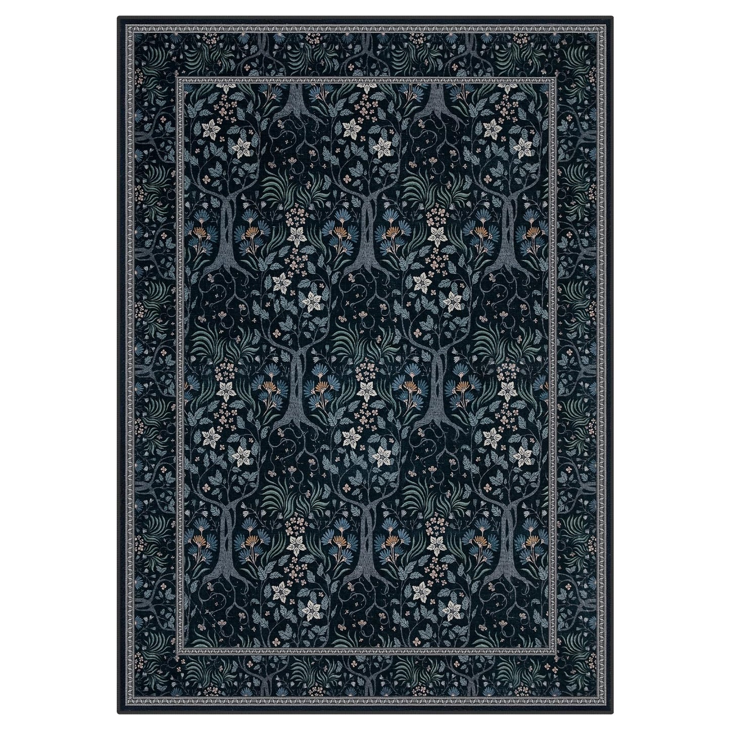 Joydeco Machine Washable Area Rugs 5x7, Boho Floral Rug for Bedroom Non Slip, Soft Forest Botanical Low-Pile Floor Indoor Throw Carpet for Living Dining Room Dorm Office, Black