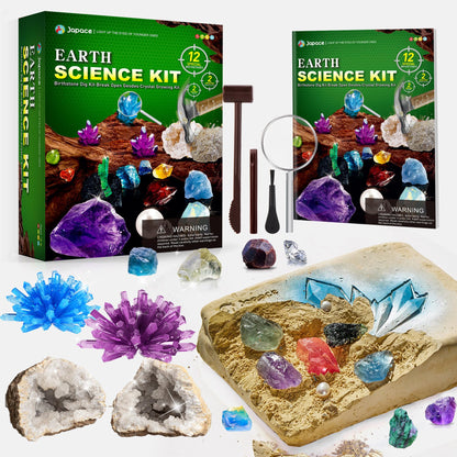Japace Earth Science Kits for Kids Age 6-8-12-14, Birthstone Gemstone Dig Kit, Geology Kit with Break Your Own Geodes, Crystal Growing Experiment, Rock Mining Kit Birthday Gifts Toys for Boys Girls
