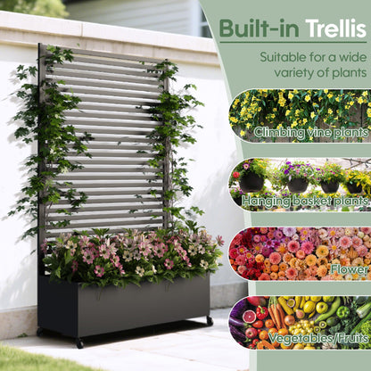 Sunnibety Metal Planter Box with Trellis Privacy Screen, Raised Garden Bed with Trellis & Wheels, Privacy Planters for Patio, Planter Box with Drainage Holes for Climbing Plants, 73"x 47"x 16", Black