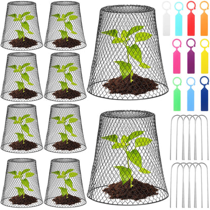 Geosar 10 Pcs 9 inch Chicken Wire Cloche Plant Protector Cover Metal Garden Cloche Dome for Plants Chicken Wire Protection Basket with Garden Stakes for Avoiding Rabbit Bird Small Animals Eat (Black)