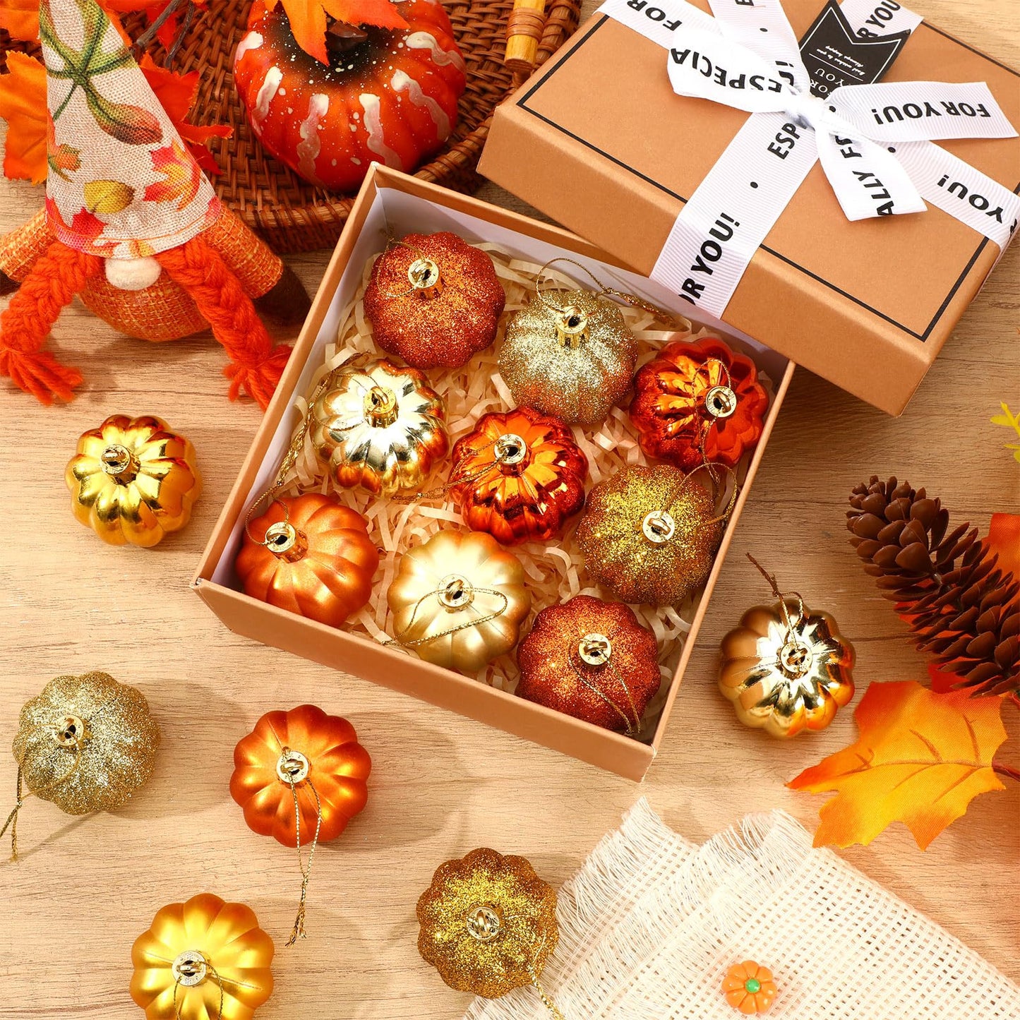JULMELON 36 Pcs Fall Tree Ornaments, Mini Glitter Pumpkin Hanging Decor