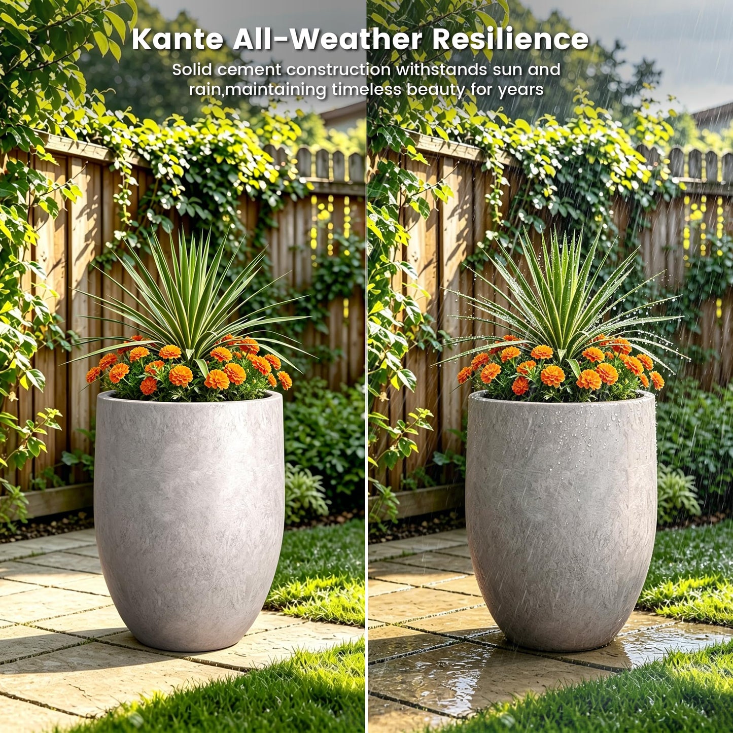 Kante 21.7" Tall Concrete Planter, Light Gray Large Plant Pot with Drainage Hole & Rubber Plug – Lightweight Weathered Cement Container for Indoor Outdoor, Home Patio Garden