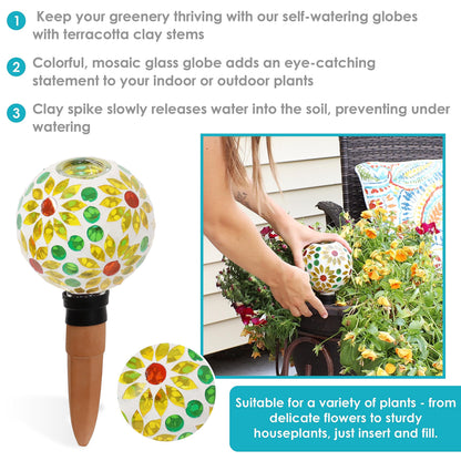 Sunnydaze Mosaic Glass Plant Watering Globe with Clay Spike - Decorative Self-Watering Planter Insert - Water Dripper for Plants - 9.5" - Bright Blooms