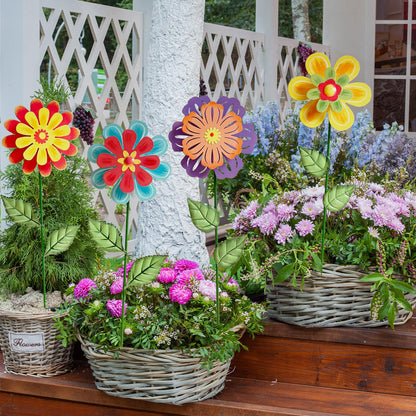 HUTHDAK Metal Flowers for Outside,4 Pack 16.33" Decorative Garden Stakes with Swaying Flowers Head Yard Art,Spring Garden Decor for Lawn, Pathway & Yard