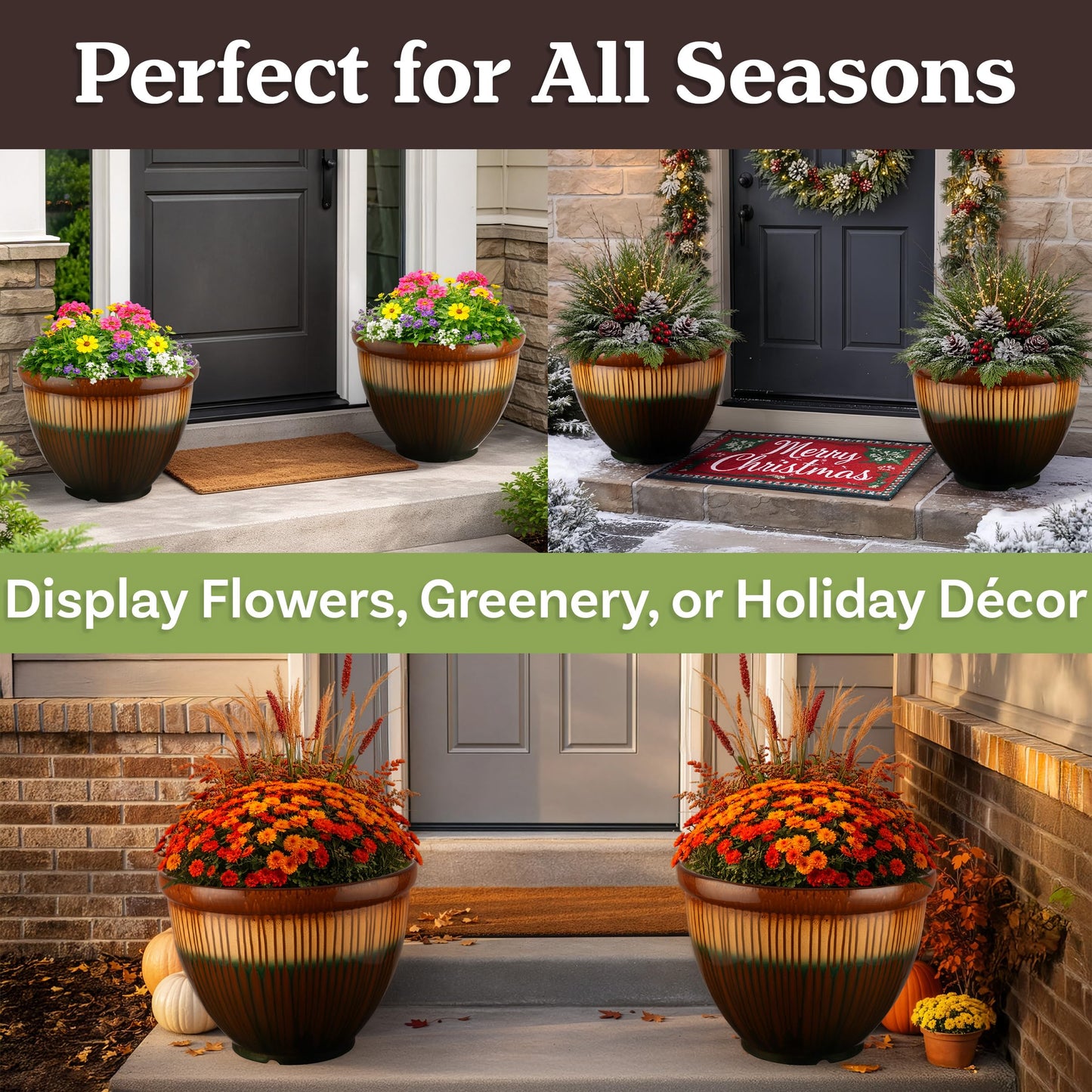 Plastic Plant Pot with Glazed Pottery Finish and Drainage - 13.7” Large Planters for Indoor Plants or Outdoor Garden - UV Resistant Decorative Flower Pot Faux Ceramic Planter by Pure Garden (Bronze)