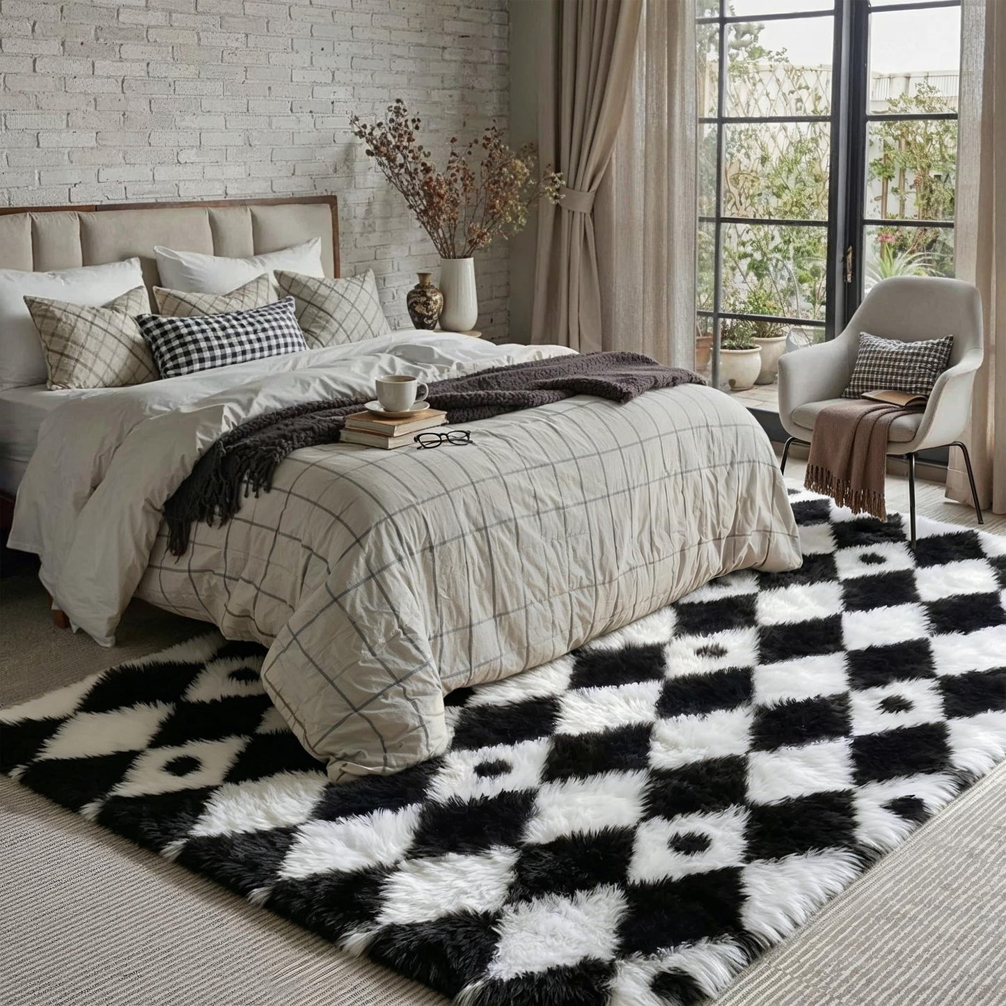 PureCozy Checkered Rug 6x9 Fluffy Shag Living Room Black and White Area Rug Modern Washable Carpet Soft Shaggy Non Slip Indoor Plush Fuzzy Rugs for Bedroom Dorm Office Home Aesthetic Decor