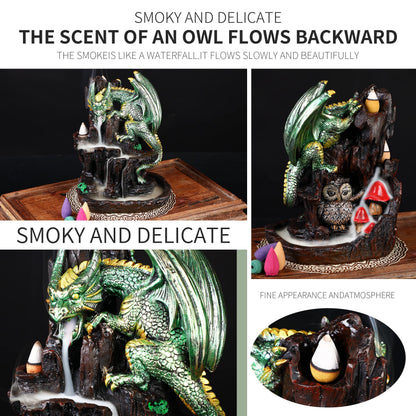 Zvaiuk Dragon Backflow 2 Sided Mountain Waterfall Incense Burner,Fountain Smoke Incense Holder with Backflow Incense Cones, Tweezers, Mat，Resin Aromatherapy Meditation (Green)