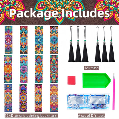 12 Pcs Mandala Diamond Painting Bookmarks,Diamond Art Bookmarks with Tassel, Diamond Art Painting Kits for Beginners Adults DIY Art Craft Gifts Book Decors