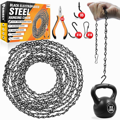 [Upgraded] 79” Black Electroplated Steel Hanging Chain with S-Hooks, Snap Hooks, Ceiling Hooks & Pliers, 33LBS Load Capacity, Adjustable Length for Hanging Bird Feeders, Planters, Lanterns, Billboards