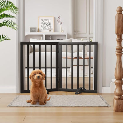 Semiocthome Bamboo Dog Gates Indoor 2-Panel Freestanding Puppy Gates for The House with 2 Metal Stands 24" H Folding Wood Pet Gate for Stairs Doorway, Fully Assembled Safety Fence - Black