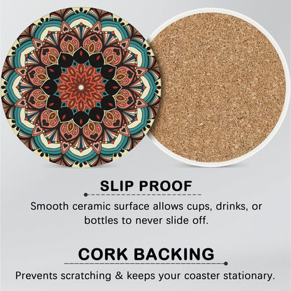 Drink Coasters for Drinks Set of 6,Mandala Absorbent Round Ceramic Stone Mat Coaster,with Cork Base and Metal Holder, Home Bar Decor House Warming Gift