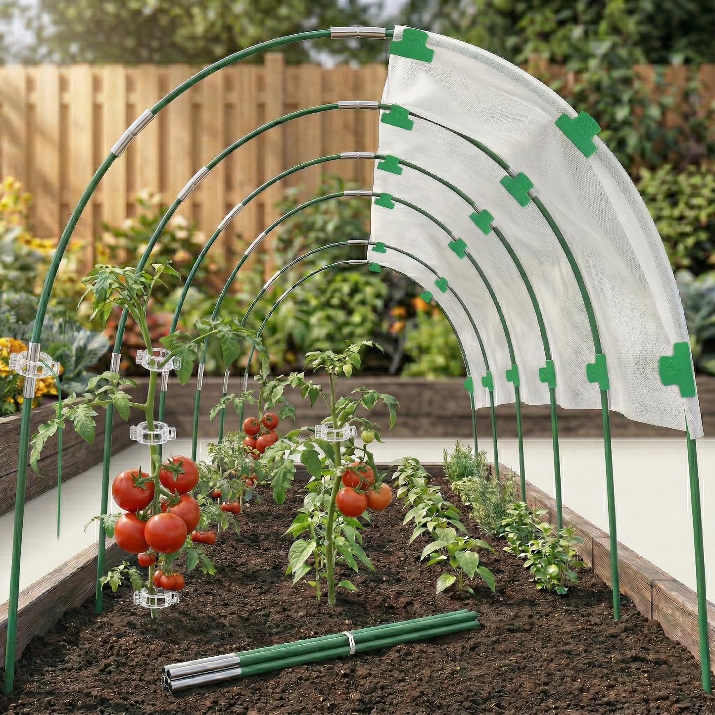 36PCS Garden Hoops for Raised Beds & 30PCS Tomato Clips, Greenhouse Hoops for Netting, Rust-Free Diameter 0.23” Fiberglass Plant Support Garden Stakes Can Cover 2.8ft-3.5ft in Width (36PCS+30 Clips)