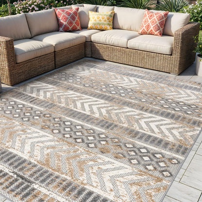 Rugshop Distressed Geometric Indoor/Outdoor Beige Area Rug Modern Tribal Stripe, Durable Stain Resistant Perfect for Patio, Backyard, Deck and Outdoor Lounge 5' x 7'