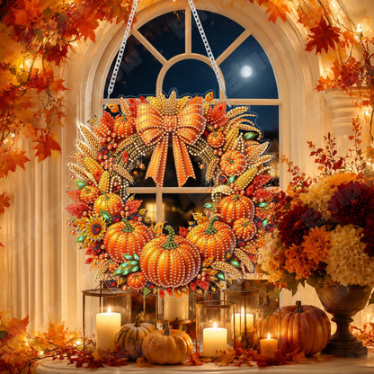 Eiflow Acrylic Diamond Art Hanging Kit for Adults Pumpkin Wreath, DIY Diamonds Painting Door Hanger Board Kit, Special Crystal Diamond Art Painting Pendant Ornament (Fall Wreath)