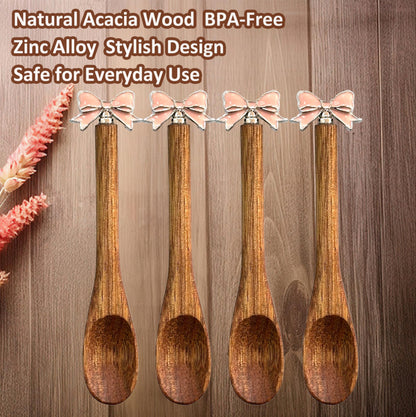 Wooden Stir Spoon for Honey Coffee Stirring Tea Yogurt Jars, Cute Small Wooden Spoon for Eating, Collection Spoons, Holiday Wooden Teaspoon 5.1 Inches Length(4pcs) (Pink bowknot)