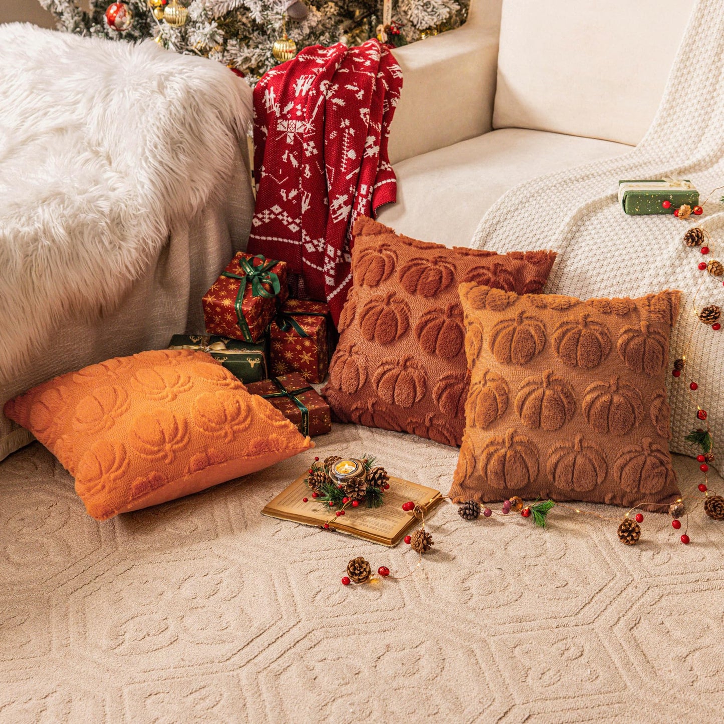 SINYASAN Burnt Orange Fall Pumpkin Decorative Throw Pillow Covers Set of 2, 18x18 Inch Soft Plush 3D Embroidered Halloween Pillow Covers for Fall Decorations Farmhouse Cushion Covers for Thanksgiving