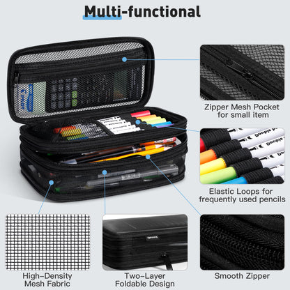 Zannaki Mesh Large Pencil Case,Expandable Pencil Bag with Large Compartments,Big Capacity Pencil Pouch Organizer with Zipper, Portable Stationery Pen Bag,Deformable School Supplies For Teen Girls Boys