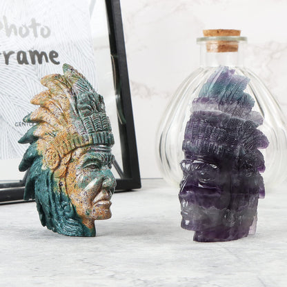 SMQ 3.3" Indian Head Bust Statue Ocean Jasper Crystal Stone Skull Ornaments Native American Indian Figurine for Diorama Gemstone Sculpture for Home Office Room Decor