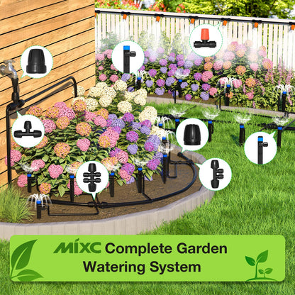 MIXC 300FT Drip Irrigation System Kit, Automatic Garden Misting Watering System with 100FT 1/2" & 200FT 1/4" Irrigation Tubing, Fitting, Adjustable Emitter for Greenhouse Lawn Raised Bed Potted Plant
