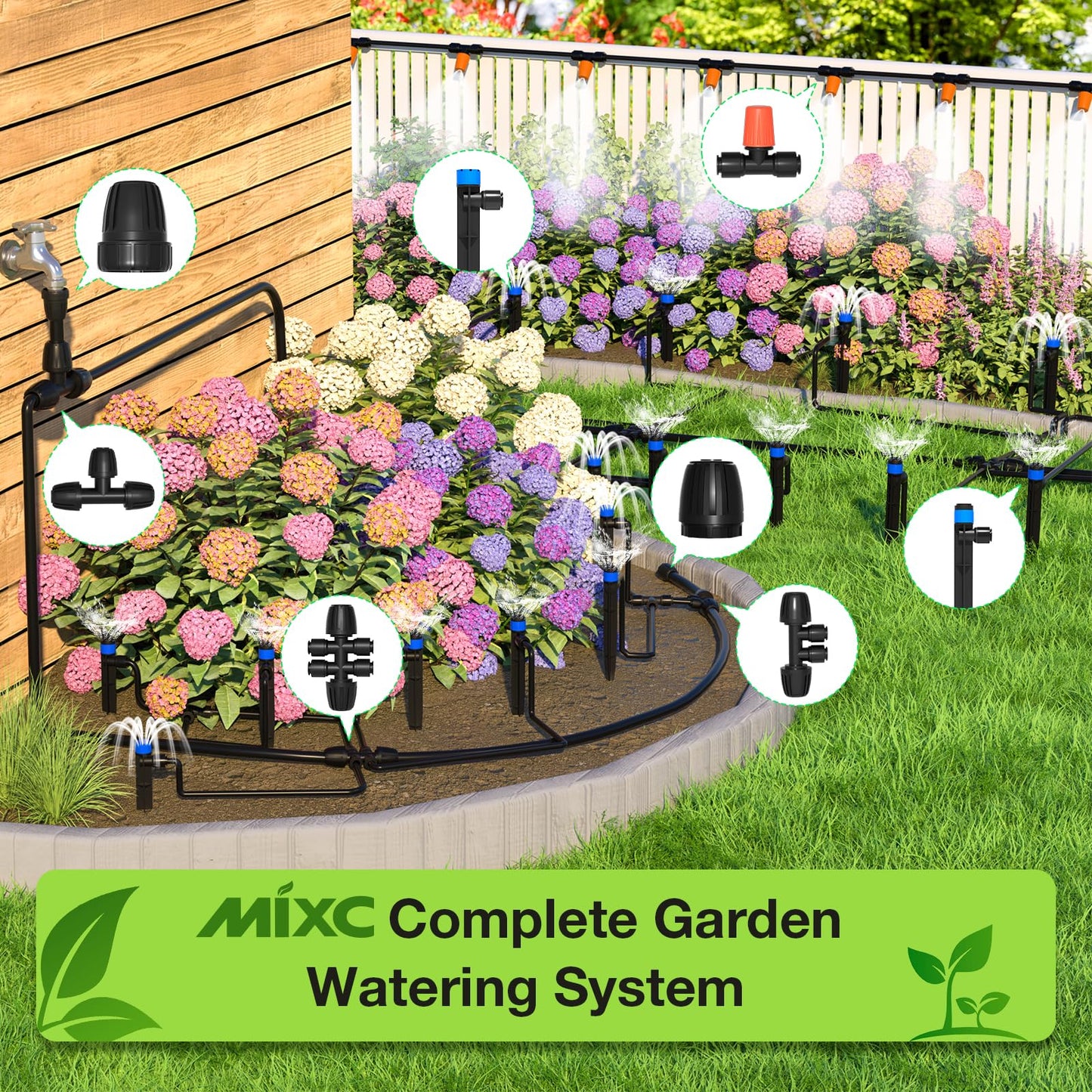 MIXC 250FT Drip Irrigation System Kit, Quick-Connect Garden Misting Watering System with 1/2” 1/4” Tubing Adjustable Nozzles Sprinklers for Indoor Outdoor Garden Potted Plant Lawn Greenhouse