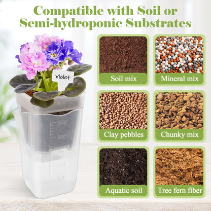 Anglekai 5P 2.5" Mini Self Watering Pots, Small Self Watering Plastic Planter for Indoor Plants for Bare Root Plants, with Inner Pot/ 3 Shovels/ 10 Labels (5)