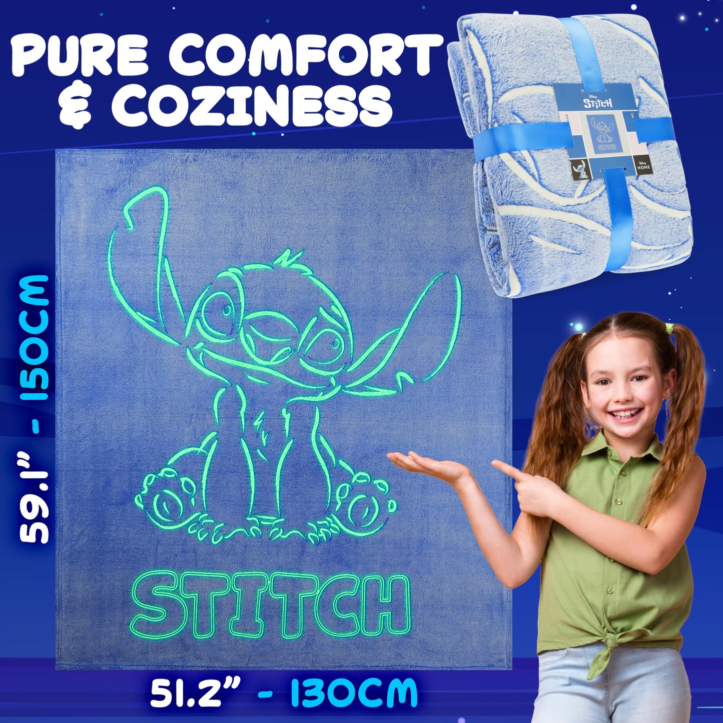 Disney Stitch Glow in the Dark Throw Blanket 51x59”, Soft Fleece Throw Blanket for Sofa Bed, Cozy Warm, Gifts for Kids, Teens, Adults (Blue Stitch)