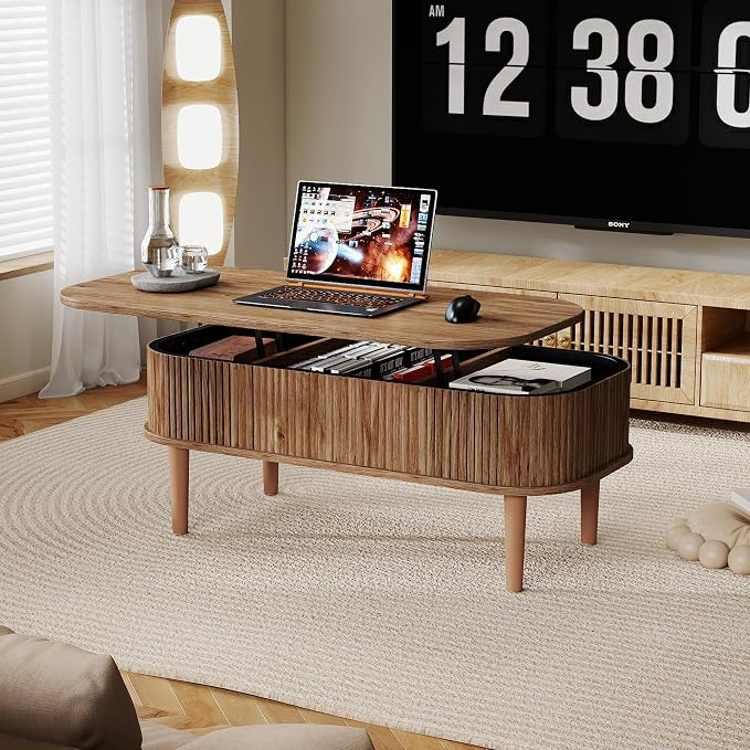 Fluted Lift Top Coffee Table with Hidden Storage, Oval Coffee Table with Lifting Top, Mid Century Modern Design for Living Room, Office & Small Spaces, Walnut