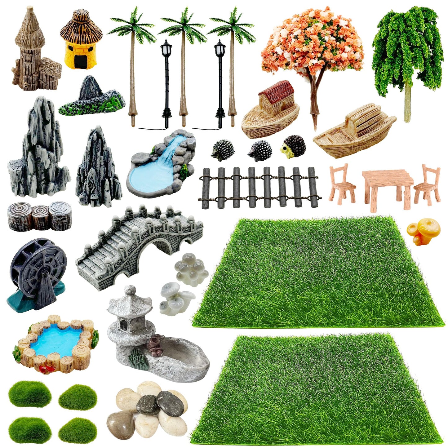 Woohome 42 PCS Mini Garden Accessories Fairy Garden Kit Micro Landscape Mini Zen Garden Accessories for Diorama Project DIY, Mini House Decor