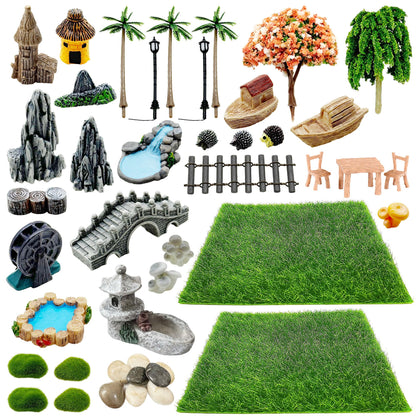 Woohome 42 PCS Mini Garden Accessories Fairy Garden Kit Micro Landscape Mini Zen Garden Accessories for Diorama Project DIY, Mini House Decor