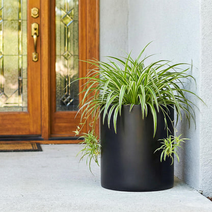 FaithLand 14 Inch Fiberstone Planter - Lightweight Modern Cylinder Plant Pot with Drainage Hole & Plug, Indoor Outdoor Use, Matte Black
