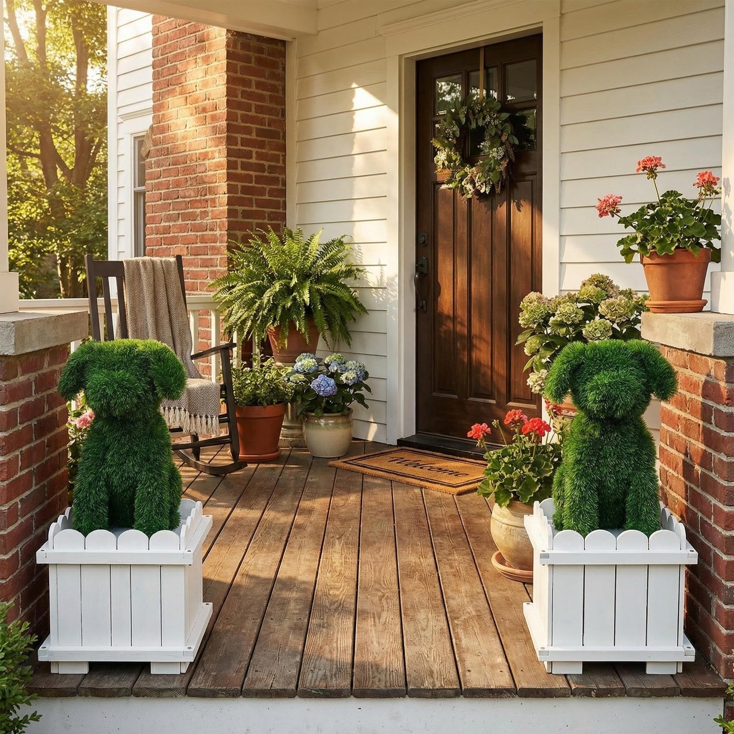 Verdcassz 34.6" Original Design Handcrafted Dog Topiary with White Planter - Premium Faux Boxwood Sculpture, Front Porch Decor, UV-Resistant, No Maintenance, Artificial Plant for Entryway & Patio