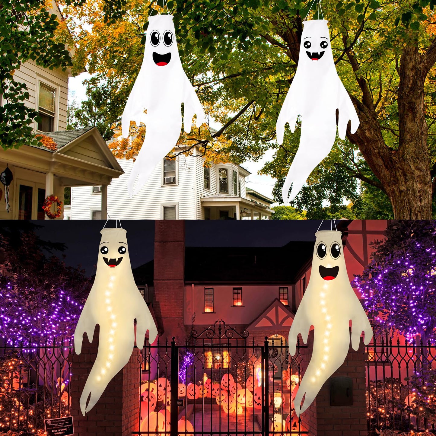 Geefuun 2PCS Warm Halloween CuteGhost Windsocks Hanging Decorations - 43 Inch Flag Wind Socks for Home Yard Outdoor Decor Party Supplies (Batteries Not Included,No Timer)