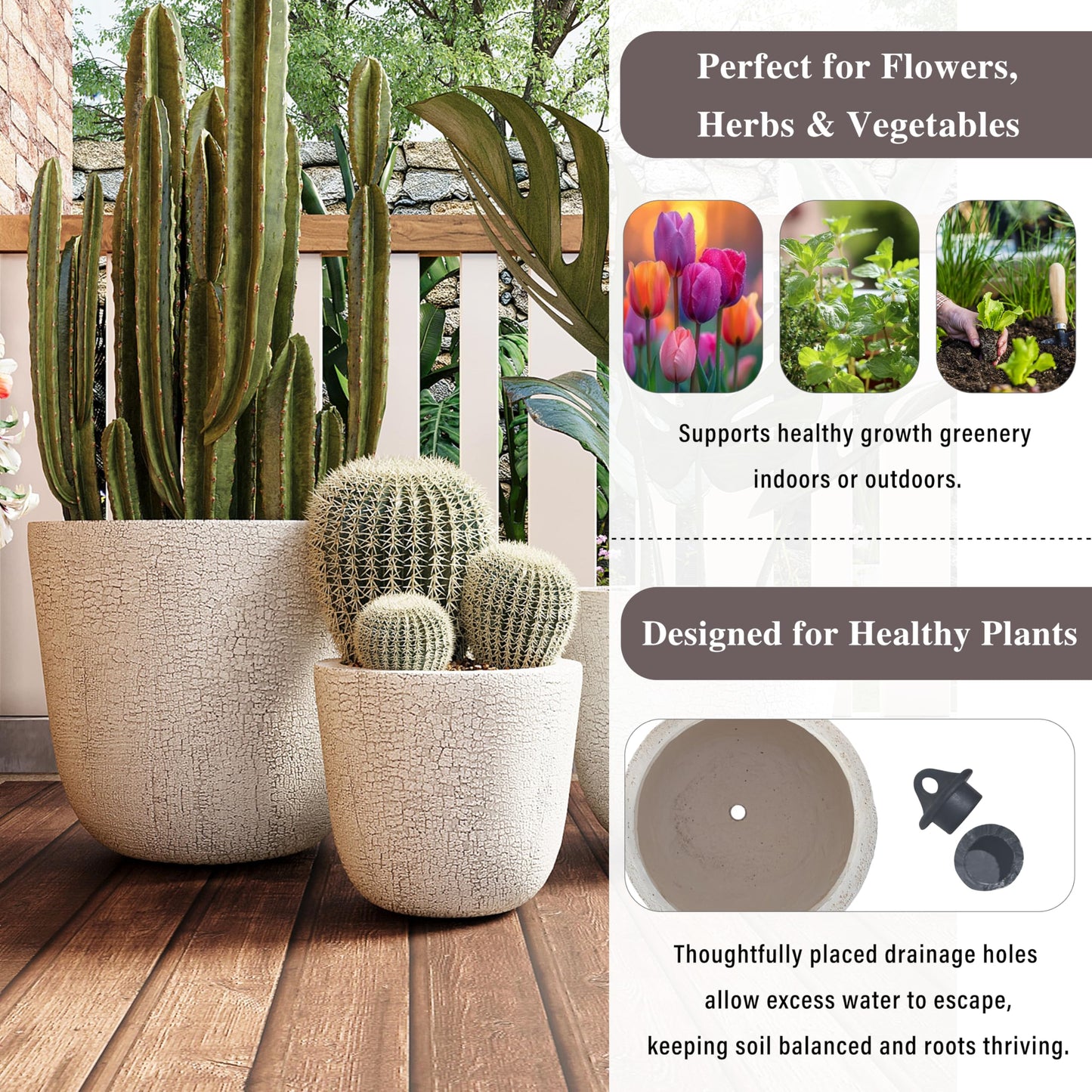 Merax Indoor Outdoor Plant Pots with Drainage Holes and Rubber Plug– Set of 3,Large Lightweight MGO Flower Pots (16.9/13.7/11 Inch) – Modern Planters for Indoor Plants, Room & Office Décor,Beige