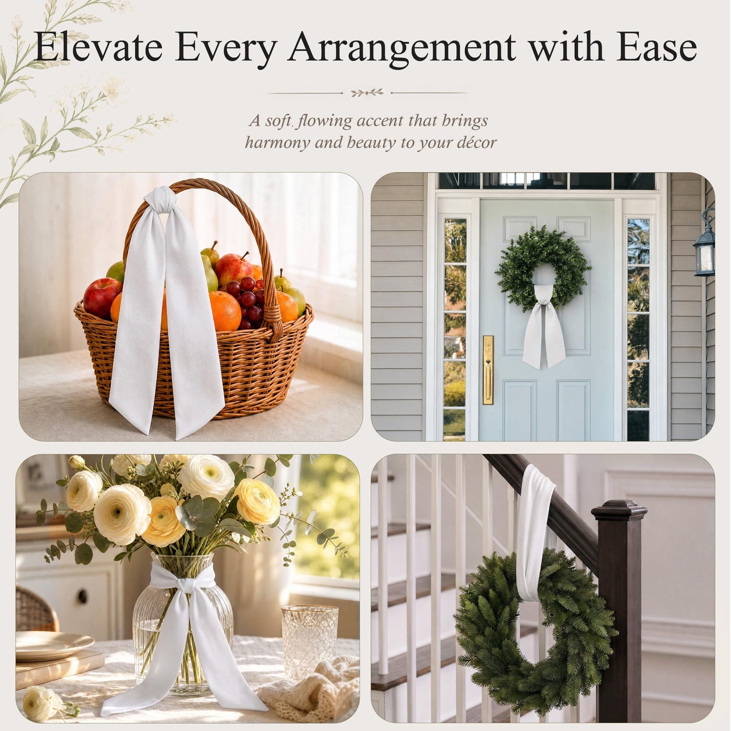 Presentastic 2 Pcs White Wreath Sash for Front Door, Embroidery Blank Wreath Sashes, Textured Twill Finish Sash Ribbon Accessories for Flower Bouquet Garland Yard Doorway Wedding Xmas, 4.5 x 57 Inches
