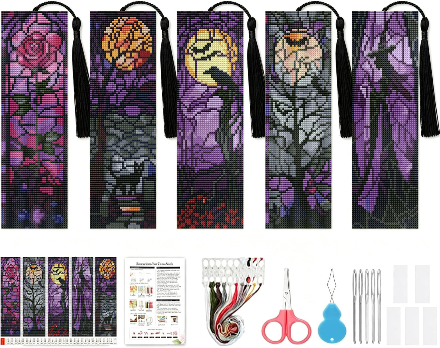 NEGEKFKX 5 Pcs Halloween Cross Stitch Bookmark Kit for Adult Beginners,Witch Stitch Kits 14 CT DIY Cross Stitch Kits Adult Stamped Bookmark Embroidery Bookmarks Kit