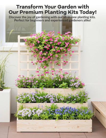 GarveeLife 3-Tier Raised Garden Bed,Wooden Vertical Planters with Trellis & Open-Ended Base for Climbing Plants Vines Flower Herb Vegetable Fruit,Outdoor Planter Boxes for Patio Yard Lawn
