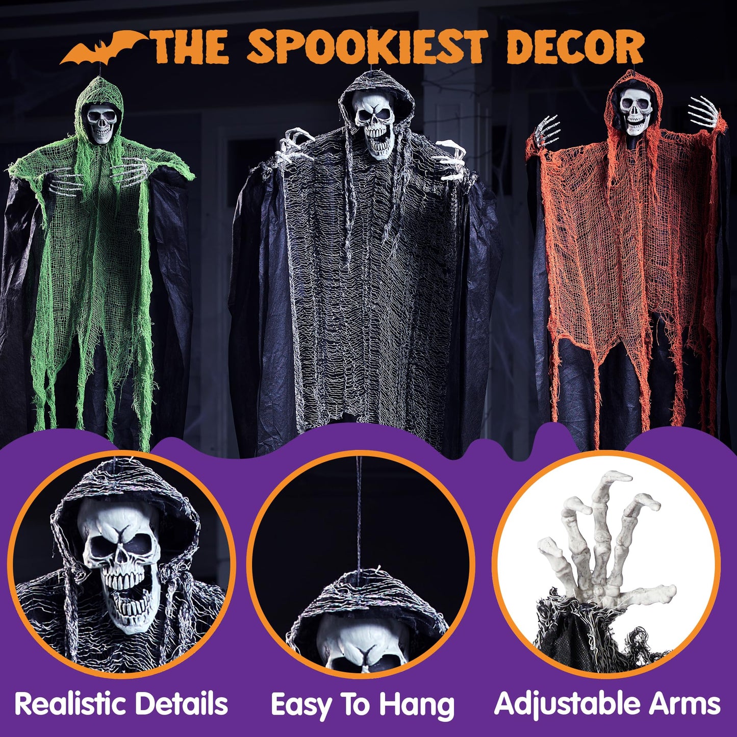 JOYIN 3 Pcs Halloween Hanging Grim Reapers, one 63” Two 47” Grim Reapers, Halloween Skeleton Outdoor Decoration Flying Ghost for Haunted Haunted House Prop, Party Supplies Decor