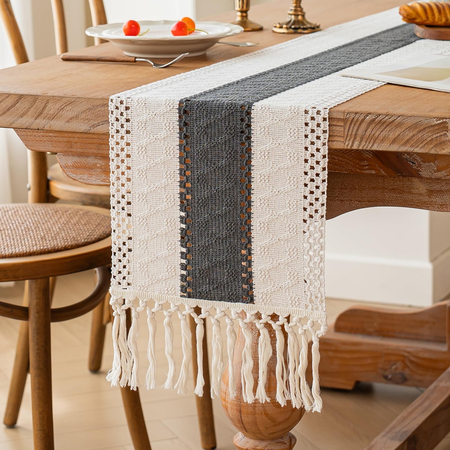 FEXIA Boho Table Runner for Summer Home Decor with Tassels 72 Inches Long Farmhouse Grey Rustic Burlap Table Runner Macrame Table Decoration for Kitchen Bedroom Living Room (12x72 Inches)