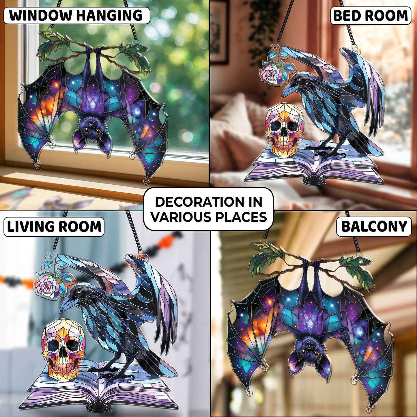 2 Halloween Decorations Bat Raven Acrylic Suncatchers, 6" Window Hanging Bat Gothic Decor, Spooky Raven Halloween Ornament Gifts, Idea Gifts Holiday Keepsake, Scary Home Indoor Outdoor Display SS344