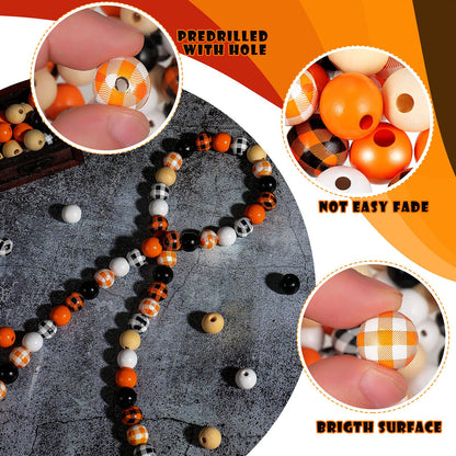 200 Pieces Halloween Wood Beads Buffalo Plaid Yellow Orange Black Wood Spacer Beads Round Rustic with Rope for Halloween Garland Decoration DIY Home Decor