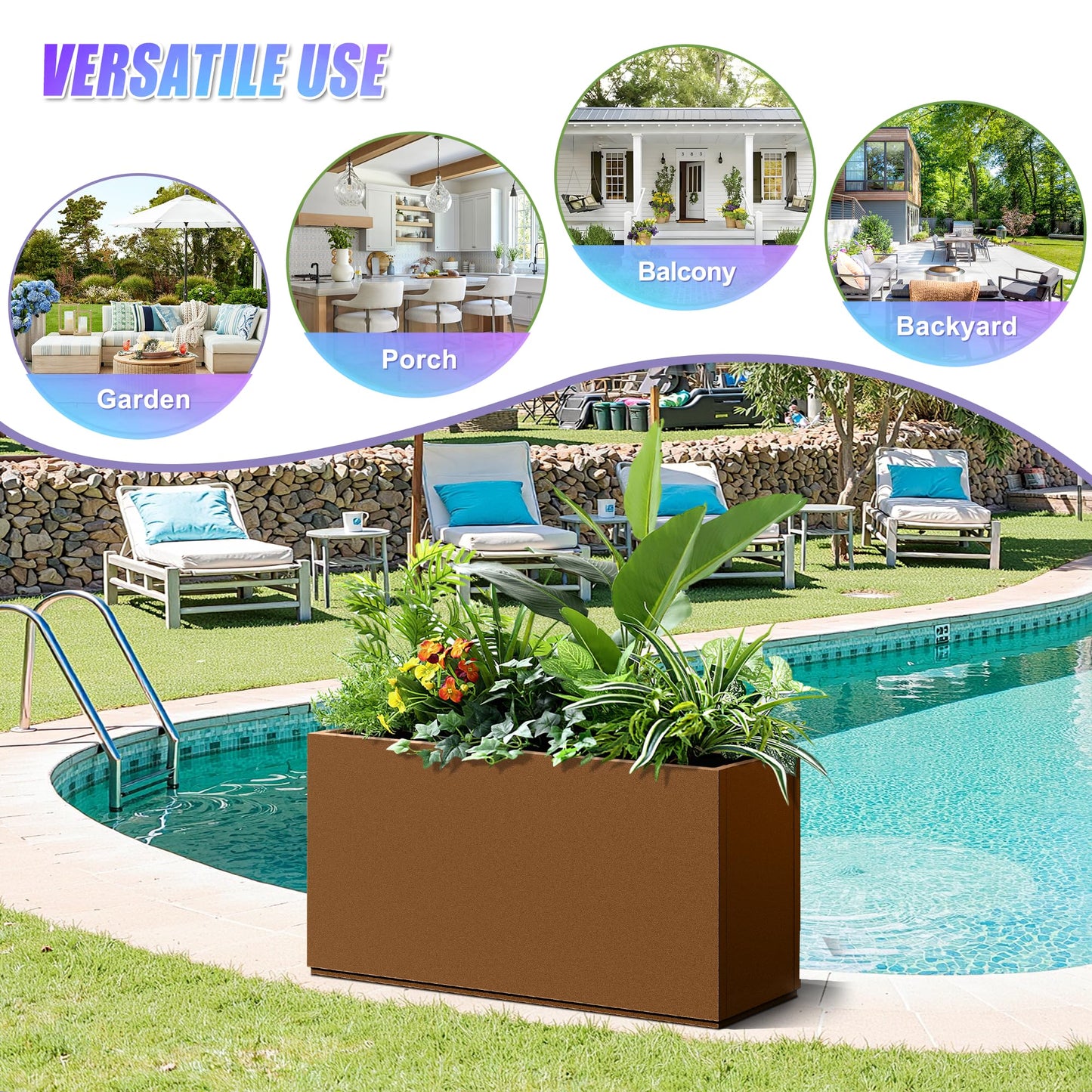 Tall Metal Planter, 10" W×16.3" H Large Rectangular Planter Box for Outdoor or Indoor, All-Weather Durable Plant Box with Drainage Holes & Removable Shelf for Patio, Porch, Garden, Trees, Flowers
