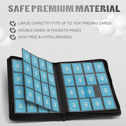 16 Pockets Trading Card Zipper Binder for 1000+ Cards| Secure Side Loading Pockets | Trading Card Album Folder | Compatible with YuGiOh, MTG,Sports Cards (Black 16)