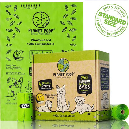 PLANET POOP Home Compostable Dog Poop Bags on Refill Rolls, 240 Un-Scented Pet Waste Bags, Thick Leakproof Plant-Based Doggy Bag, Cat & Dogs Supplies