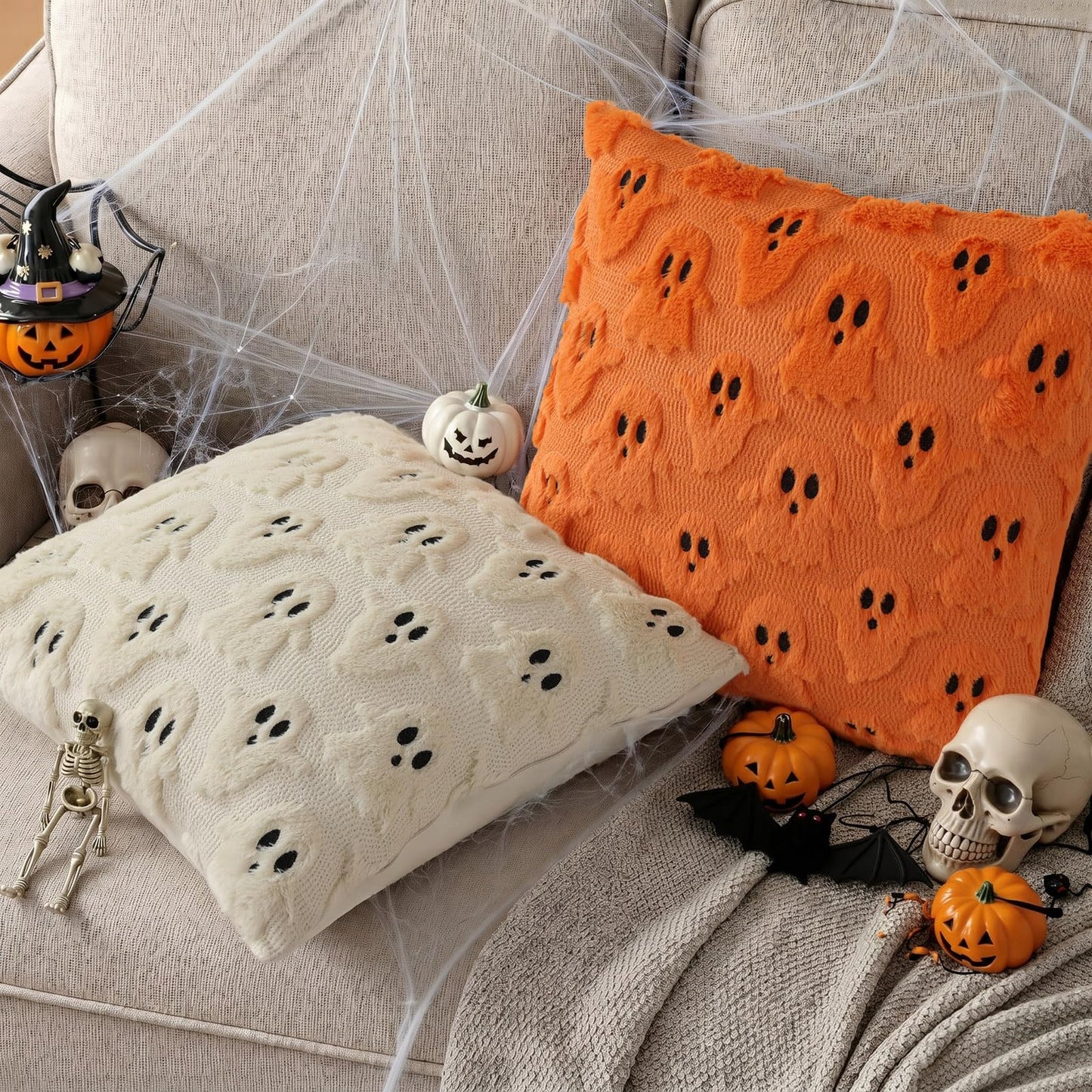 decorUhome Fall Halloween Ghost Pillow Covers 18x18 Inch Pack of 2 Soft Plush Faux Wool Textured Throw Pillow Covers Cute 3D Ghost Decorative Cushion Cases for Couch Sofa Bedroom Home Decor, Orange