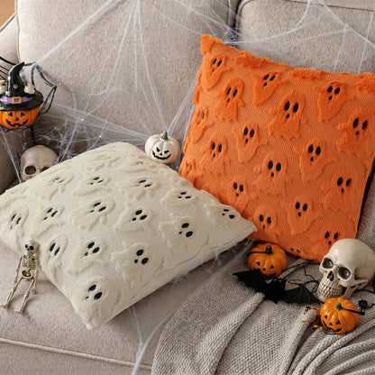 decorUhome Fall Halloween Ghost Pillow Covers 18x18 Inch Pack of 2 Soft Plush Faux Wool Textured Throw Pillow Covers Cute 3D Ghost Decorative Cushion Cases for Couch Sofa Bedroom Home Decor, Orange